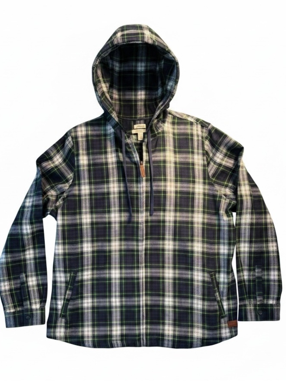 L.L. Bean Men’s Green and White Plaid Button-Down Hooded Shirt